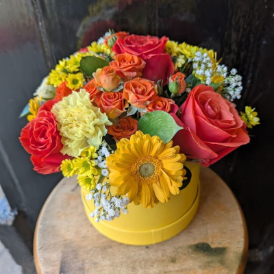 Citrus Sorbet Hat Box - A warm, zesty mix of coral roses, spray roses, soft lemon carnations and a golden gerbera, dotted with delicate gypsophila and yellow daisy chrysanthemums in a sunny hat box. A lively, feel-good arrangement.