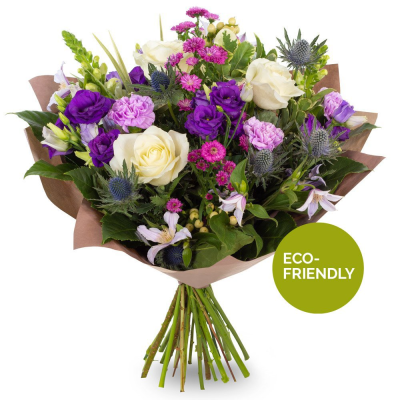 cool breeze - eco bouquet of mixed purple and pink seasonal  blooms
