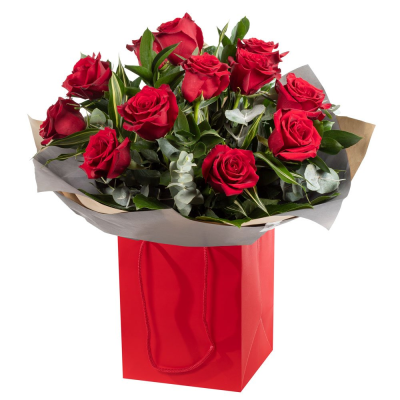 12 RED ROSES - 12 red naomi  roses with foilage