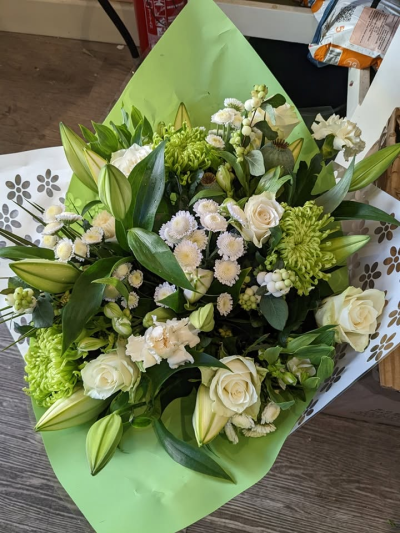 WHITE DUTCH BOUQUET - a simple yet elegant bouquet of whites and greens