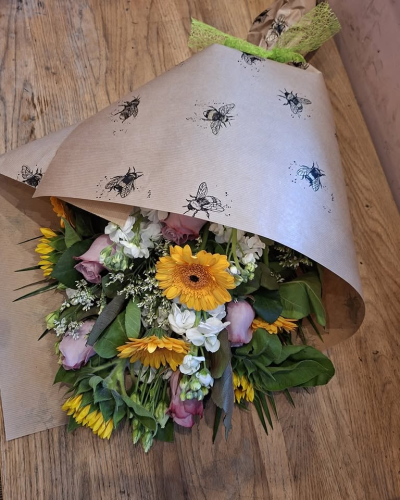 Bee happy - a cheery mix of pinks,yellow and white wrapped in eco paper