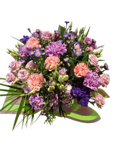Purple Harmony - A graceful bouquet in soft pink, lilac and rich purple tones, finished with fresh greenery for a beautifully balanced display.