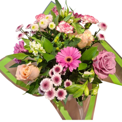 Pink Garden Delight - A cheerful hand-tied bouquet in soft pink, peach and fresh green tones for a bright and uplifting display.