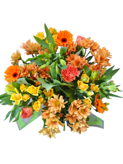 Honey & Orange - A vibrant bouquet bursting with warm orange, golden yellow and fresh green tones for a bright, cheerful finish.