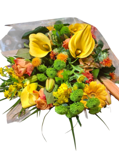 Tropical Zest - A vibrant bouquet in bold yellow, orange and fresh green tones for a bright and contemporary display.