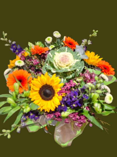 Festival of Colour - A bold and cheerful bouquet combining vibrant orange, yellow, purple and fresh green tones for an eye-catching display.