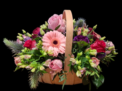 Berry Bliss - A charming basket arrangement in pretty pink, rich purple and fresh green tones for a colourful, natural display.