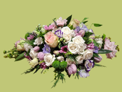 Tender Affection - A graceful floral tribute in soft pink, white and gentle purple tones, finished with fresh greenery.