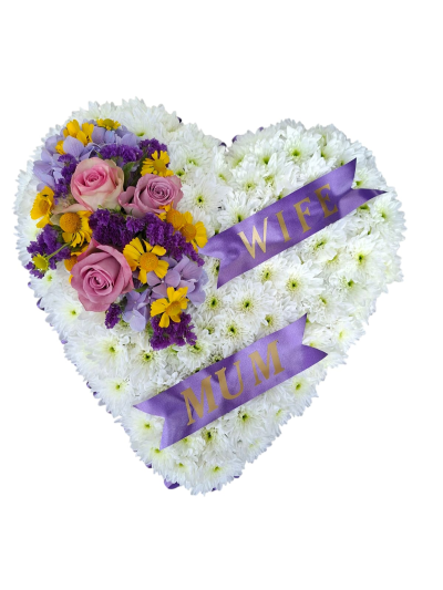 Personalised Ribbon Heart - A beautiful heart-shaped funeral tribute featuring fresh white blooms with a colourful floral spray and personalised ribbon lettering for a heartfelt farewell.