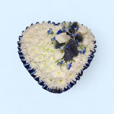 Blue Serenity Funeral Heart - A beautiful heart-shaped funeral tribute of fresh white flowers, finished with an elegant arrangement of blue and white blooms for a peaceful and heartfelt farewell.