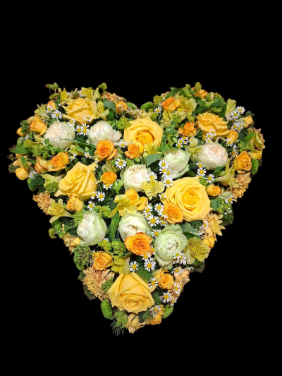Golden Heart Funeral Tribute - A beautiful heart-shaped funeral tribute filled with warm yellow, cream and golden flowers, creating a bright and heartfelt farewell.