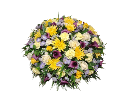 Golden Harmony Funeral Posy - A beautiful funeral posy filled with warm yellow, cream and rich purple flowers, complemented by fresh greenery for a colourful and heartfelt tribute.