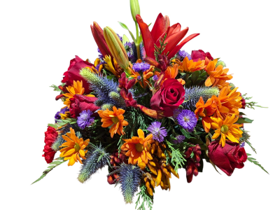 Vibrant Farewell Funeral Posy - A striking funeral posy filled with rich reds, vibrant oranges and deep purples, complemented by fresh greenery for a colourful and heartfelt tribute.