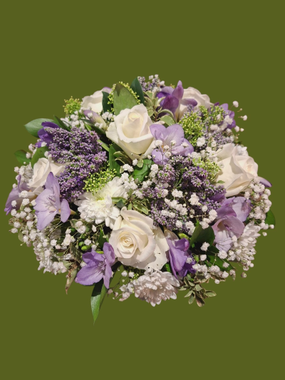Purple Grace Funeral Posy - A beautiful funeral posy featuring elegant white and purple flowers with delicate greenery, creating a soft and heartfelt tribute.