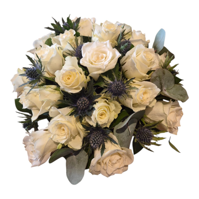 White Rose & Thistle Funeral Posy - An elegant funeral posy featuring beautiful white roses and blue thistles with eucalyptus and fresh greenery, creating a graceful and heartfelt tribute.